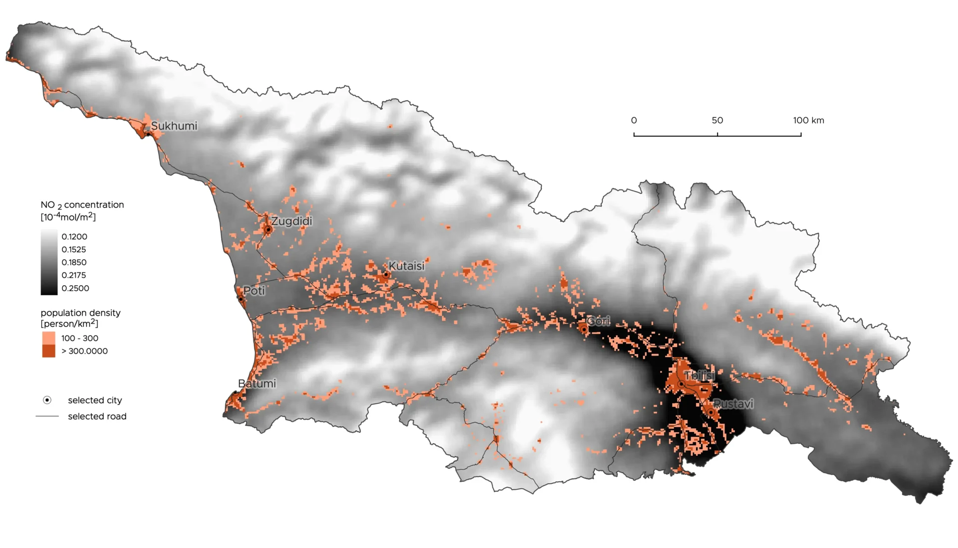 Map of NO2 concentrations in Georgia