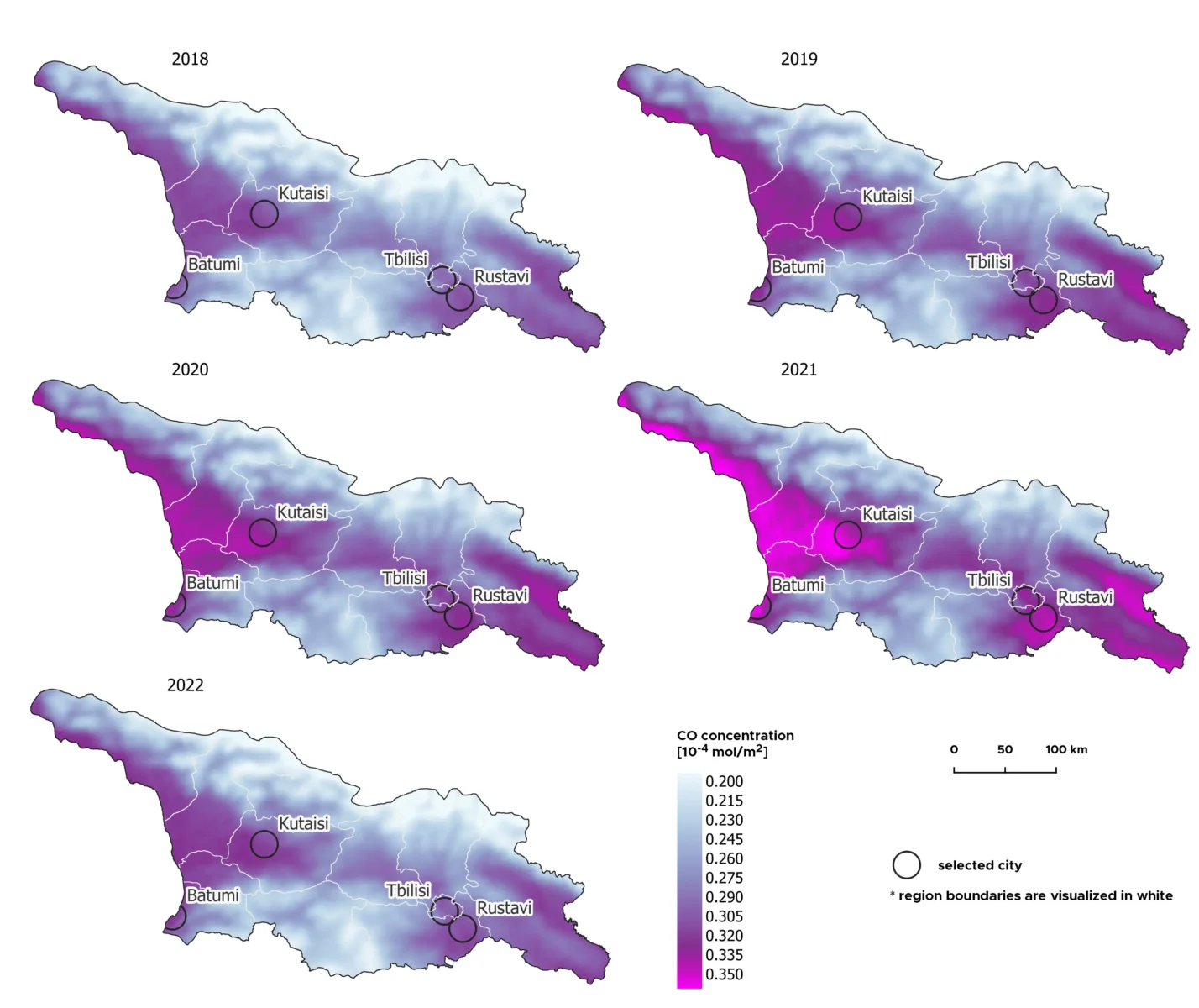 Map of CO concentrations in Georgia