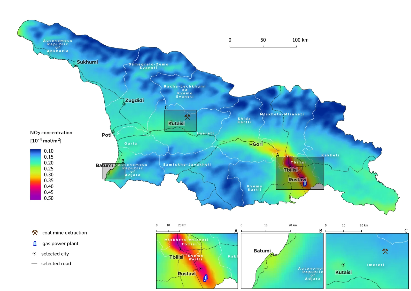 Interactive map of NO2 concentrations in Georgia