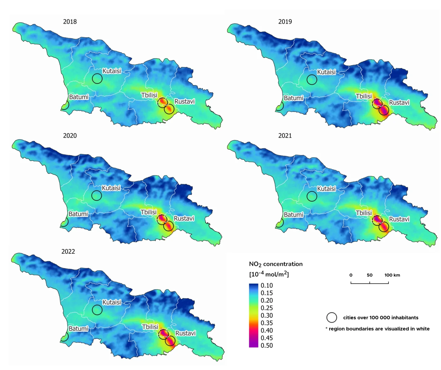 Map of NO2 concentrations in Georgia
